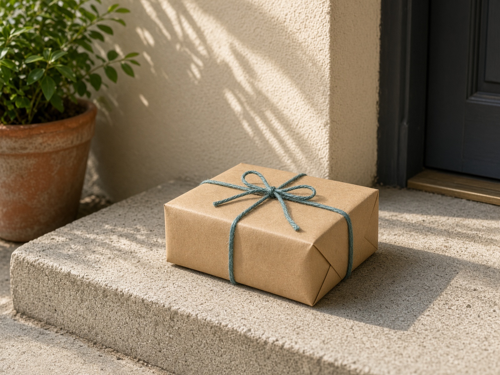 A paper-wrapped laundry parcel on a sunlit doorstep