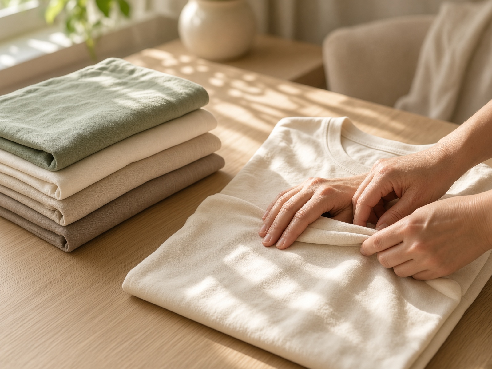 Hands folding a cream t-shirt next to a stack of folded linens