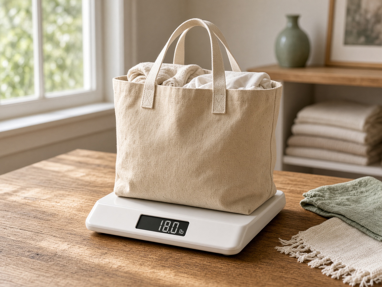 A canvas laundry tote on a white kitchen scale, photographed for the bill